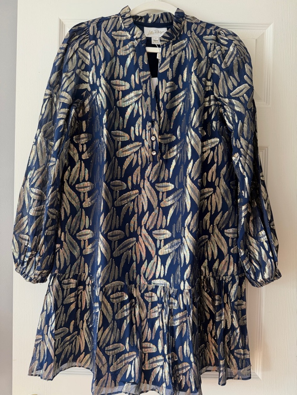 Lilly Pulitzer Navy Metallic Gold Leaf Tiered Long-Sleeve Dress